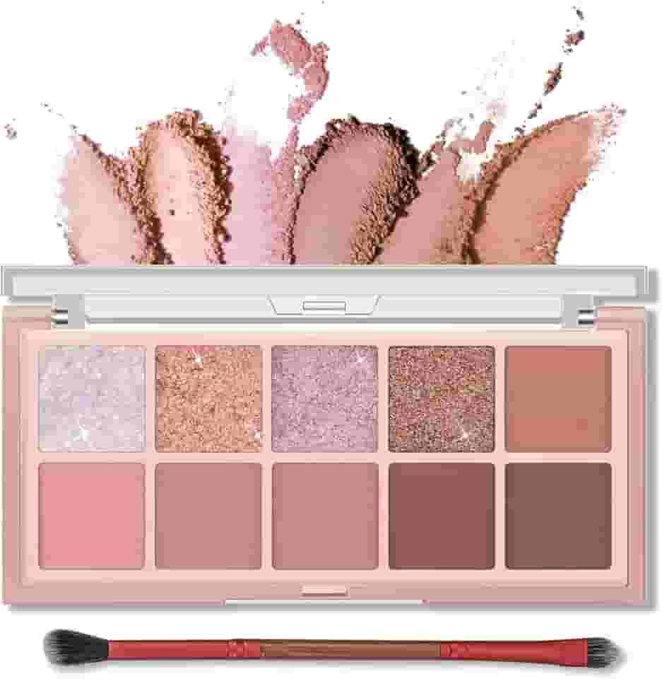 Erinde Paleta de sombras de 10 cores – Sombra fosca com glitter, maquiagem coreana de aparência natural, ultra-misturável, pigmentada, paleta de sombras de Natal rosa com pincel, rosa rosa