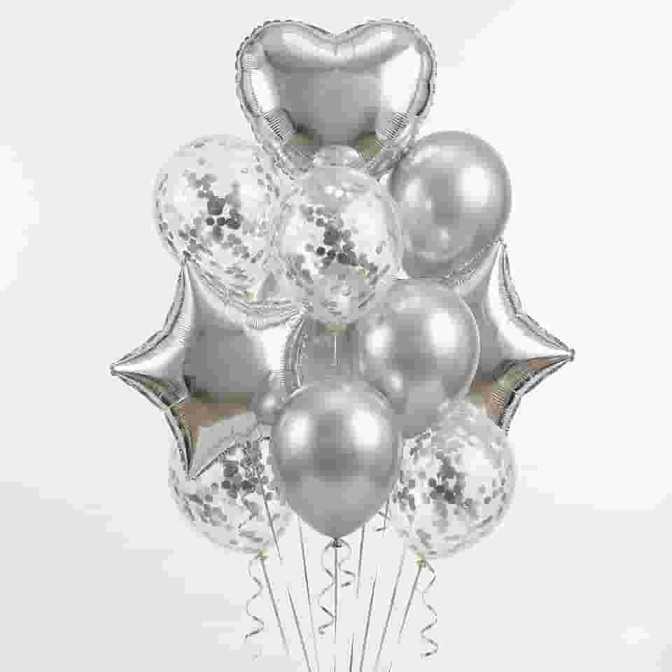 Balão Kit Buquê Estrela e Coração 10 Peças (Prata)