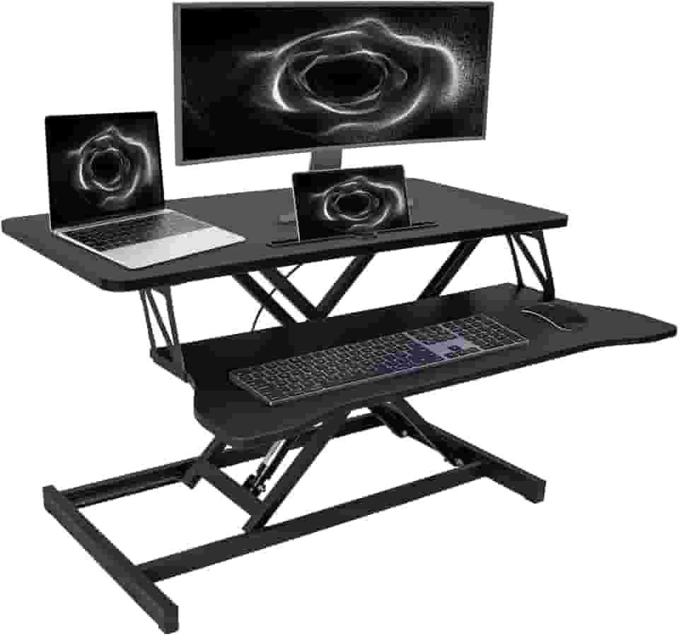 Conversor de mesa em pé, suporte de mesa ajustável de 81 cm de altura com bandeja de teclado para casa ou escritório, monitor duplo e estação de trabalho para laptop, preto