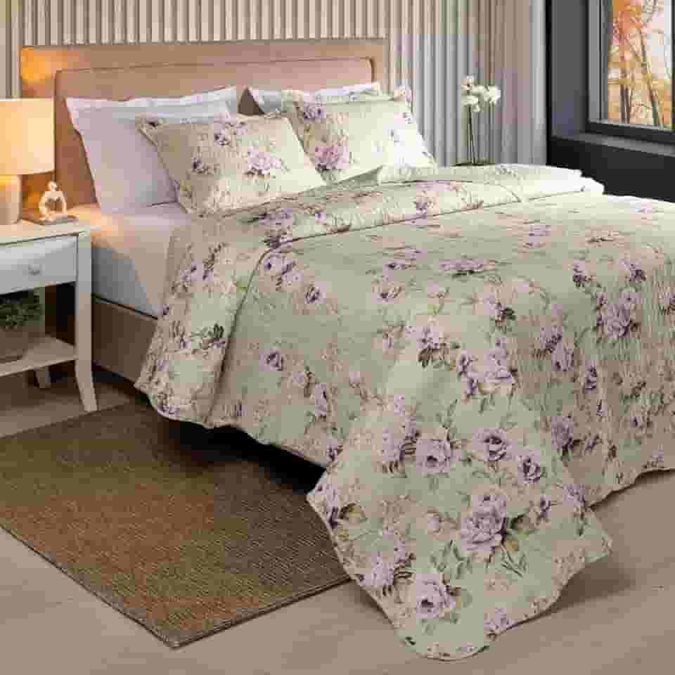 Kit Cobre Leito Colcha Boutis 3 Peças Nano Printing Matelado Ultrassônico Estampado Dupla Face Porta Travesseiro Aba Americana Micro Percal 150 Fios (Aurora Pistache, Queen)