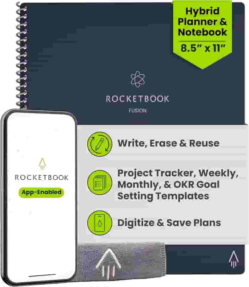Rocketbook Caderno reutilizável Fusion Smart – calendário, listas de tarefas e páginas de modelo de notas com 1 caneta Pilot Frixion e 1 pano de microfibra incluído – capa azul meia-noite,