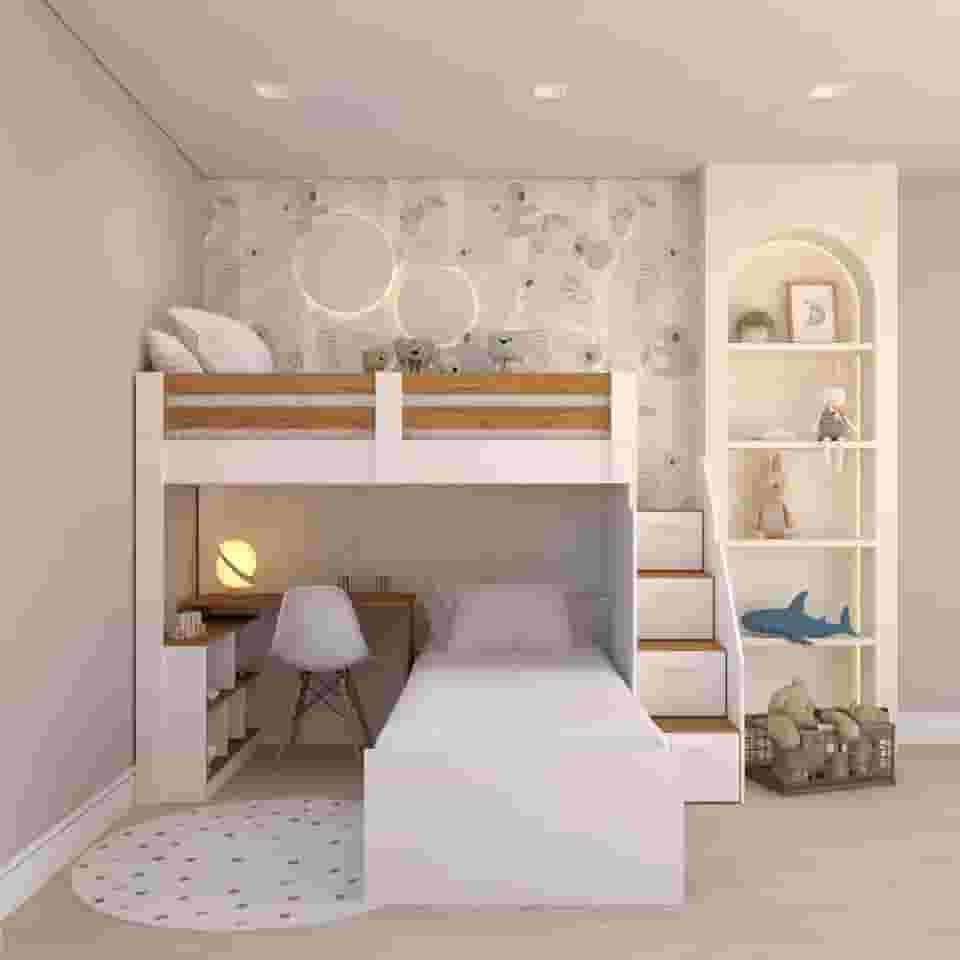 Beliche Star Office Infantil/Juvenil Multifuncional com Escrivaninha Casatema Branco/amadeirado Freijó