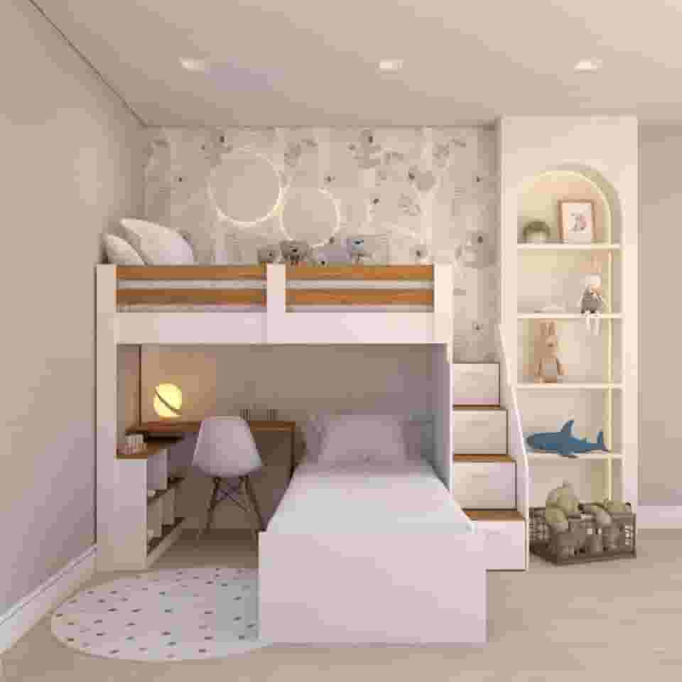 Beliche Star Office Infantil/Juvenil Multifuncional com Escrivaninha Casatema Branco/amadeirado Freijó