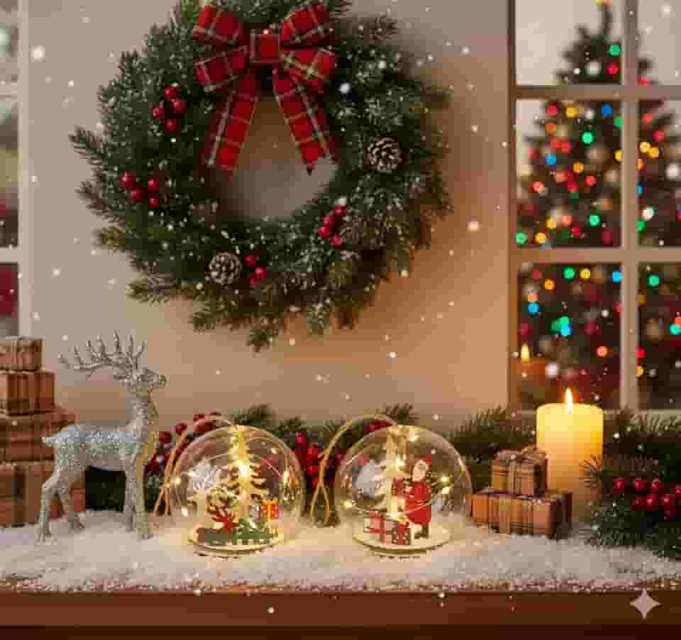 Kit Decoração de Natal com Luzes LED – Cúpula de Vidro Iluminada com Figuras Natalinas de Madeira – Enfeite Natalino Elegante para Mesa, Sala e Presente