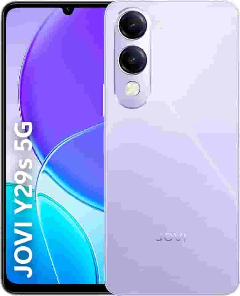 Smartphone JOVI Y29s 5G, 256GB, 8+8GB RAM Turbo, Dimensity 6300 2.4GHz, câmera dupla 50MP, tela 6,7" 90Hz, bateria 6000mAh com carregamento 44W, IP64, Android 15, Violeta Cristal