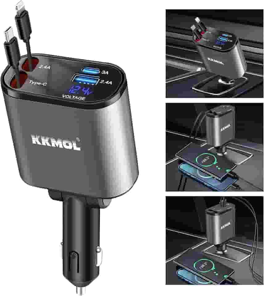 KKMOL Carregador retrátil para carro, 4 em 1, rápido de 100 W, com 2 cabos e tela de tensão de porta tipo C, compatível com iPhone 15Pro Max/14/13/12/11, Galaxy S23/S22