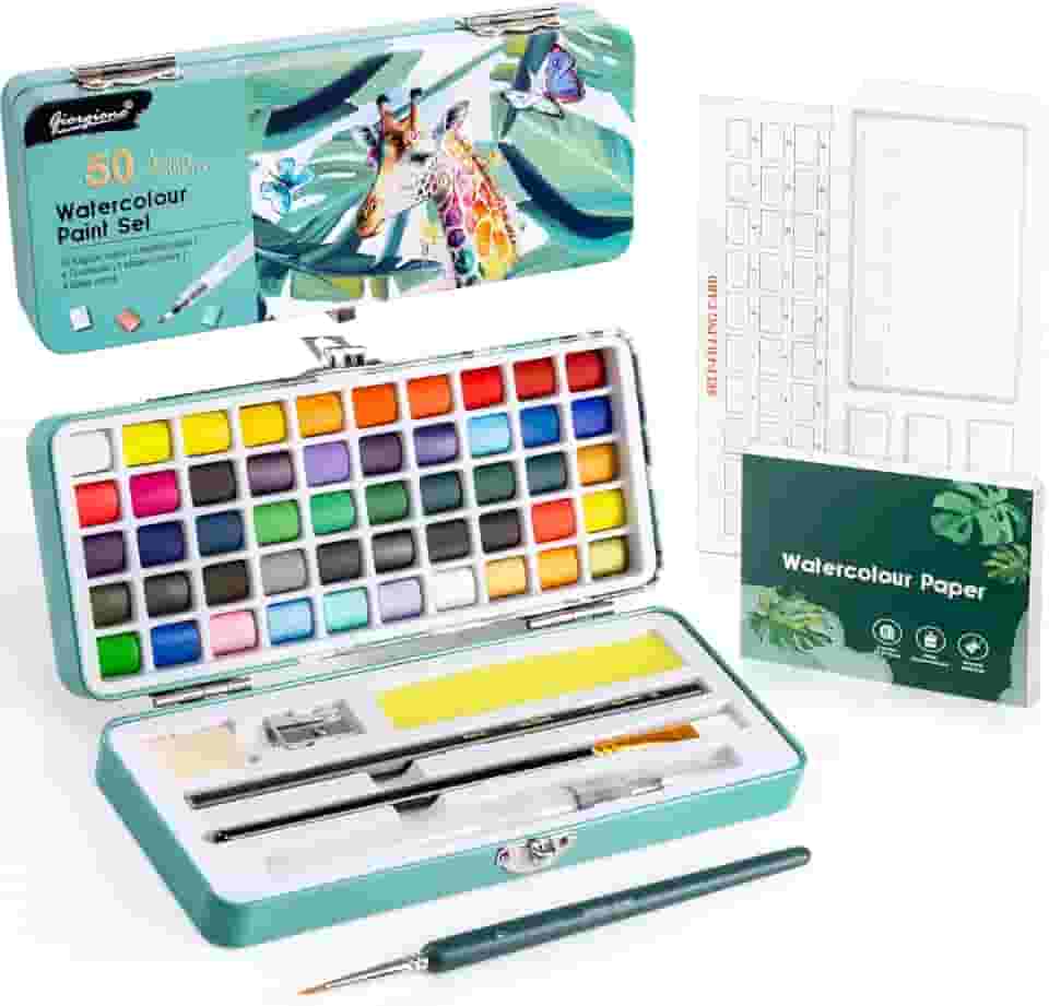 Prudiut Conjunto de Tinta Aquarela, 50 Cores, Kit de Aquarela com Papel, Paleta, Pincéis, Ideal para Adultos, Crianças e Iniciantes