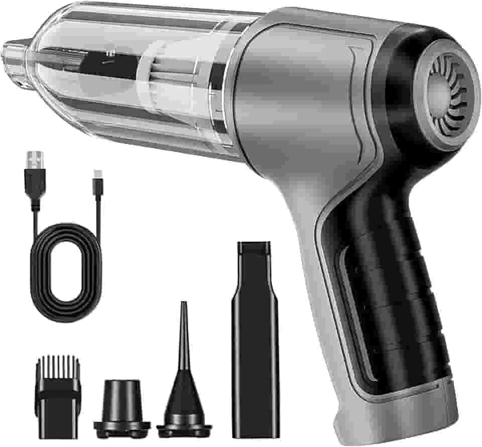 Mini Aspirador e Soprador Portátil de Alta Potência – 2 em 1 Recarregável USB-C – Uso para Carro, Computador, Teclado, Escritório, Costura, Churrasquera e Cantinhos de Casa – Leve e Sem Fio (Cinza)