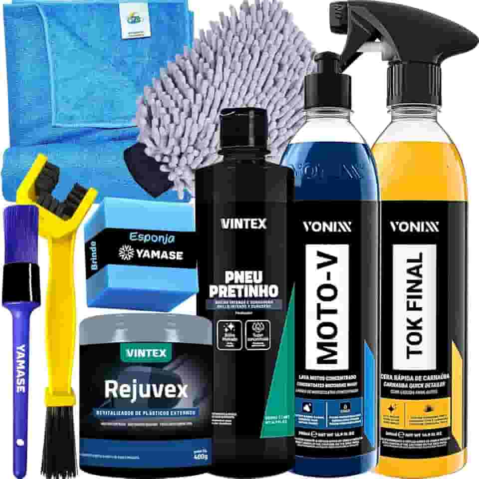 Kit Lavagem Completa Para Moto Carro Shampoo Moto-V Revitalizador de plasticos Rejuvex Cera Cristalizadora Tok Final Vonixx pneu Pretinho Vintex