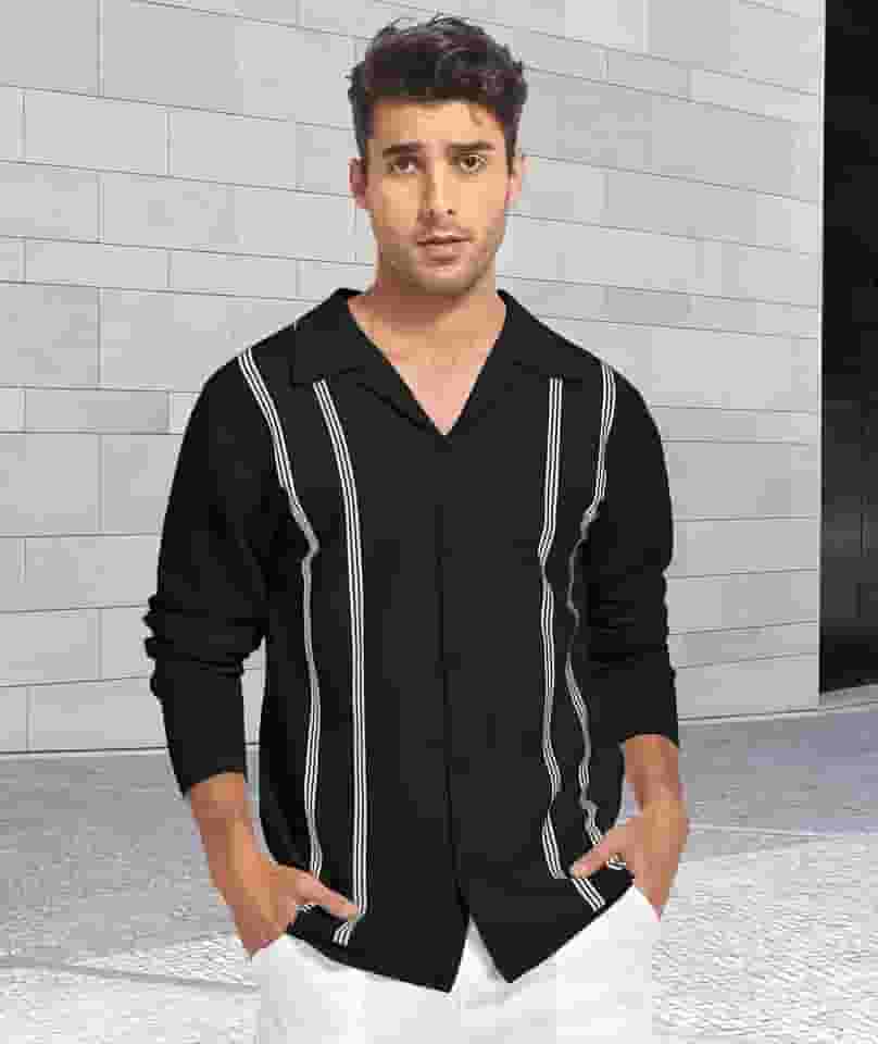 Camisa polo masculina de malha de manga comprida vintage listrada vercital gola de botão