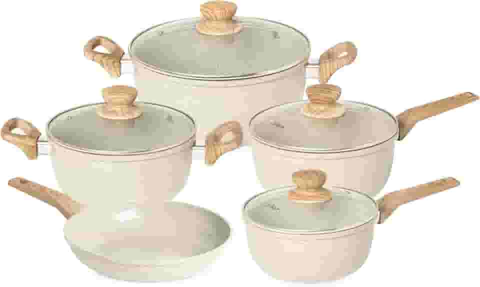 OSTER JOGO DE PANELAS E FRIGIDEIRA MARBLE EDITION CREAM – 5 PEÇAS COM REVESTIMENTO CERÂMICO ANTIADERENTE, ALÇAS EM SILICONE ANTITÉRMICO E BASE COMPATÍVEL COM INDUÇÃO