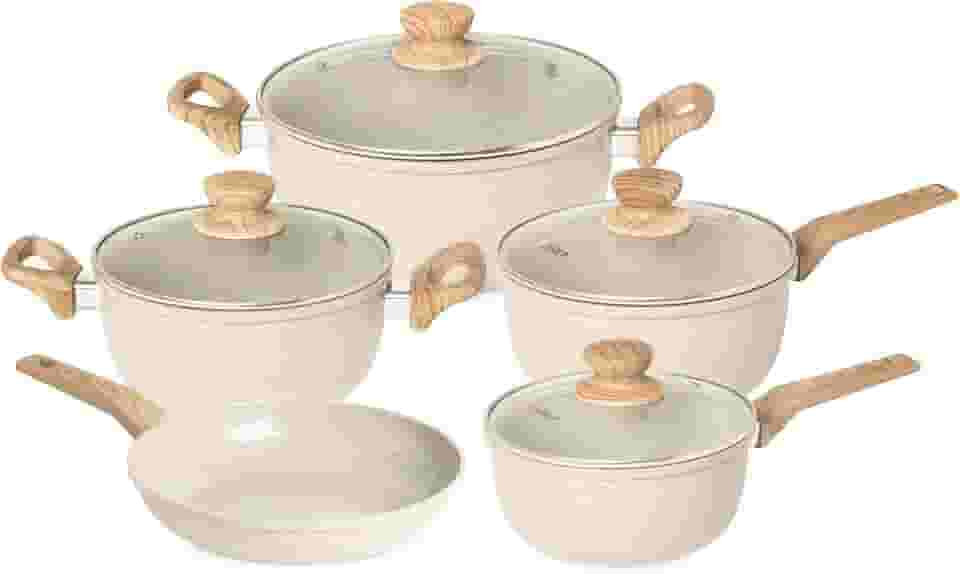 OSTER JOGO DE PANELAS E FRIGIDEIRA MARBLE EDITION CREAM – 5 PEÇAS COM REVESTIMENTO CERÂMICO ANTIADERENTE, ALÇAS EM SILICONE ANTITÉRMICO E BASE COMPATÍVEL COM INDUÇÃO