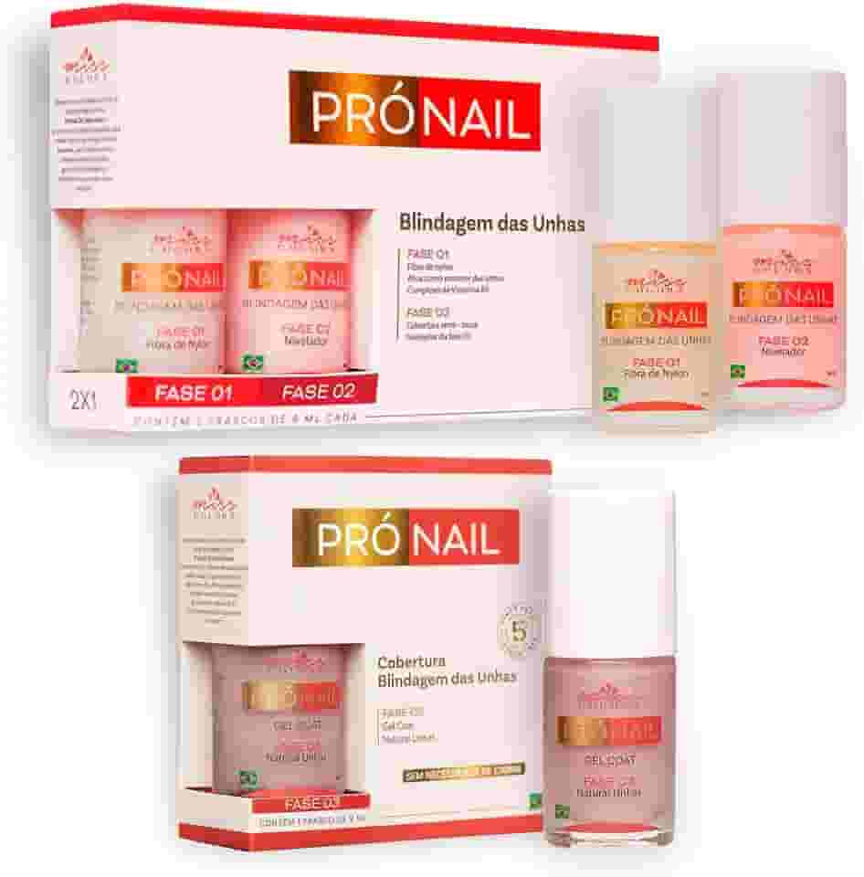 Kit Blindagem de Unhas Pró Nail Miss Colors – Fase 1 e Fase 2 + Fase 3 Gel Coat Nude | Fortalecedor com Fibras de Nylon com Pró-Vitamina B5 e Nivelador | Acabamento Natural e Duradouro – 3 Frascos de 9ml
