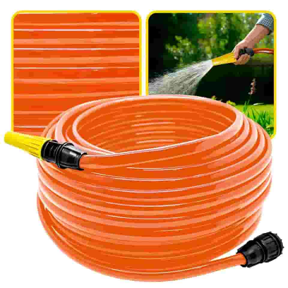 Mangueira de Jardim Antitorção com Parede Reforçada e Esguicho e União Adaptador de Torneiras Acoplados (Mangueira Laranja, 50 metros)