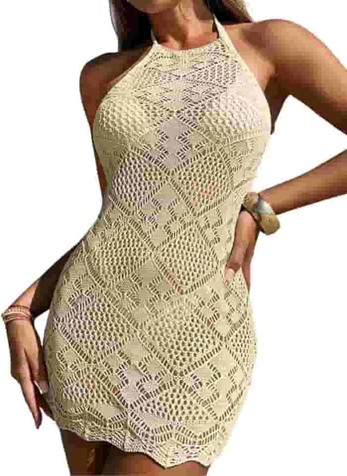 Saída de praia com estampa de diamante, vazada, boho, crochê, minivestido feminino