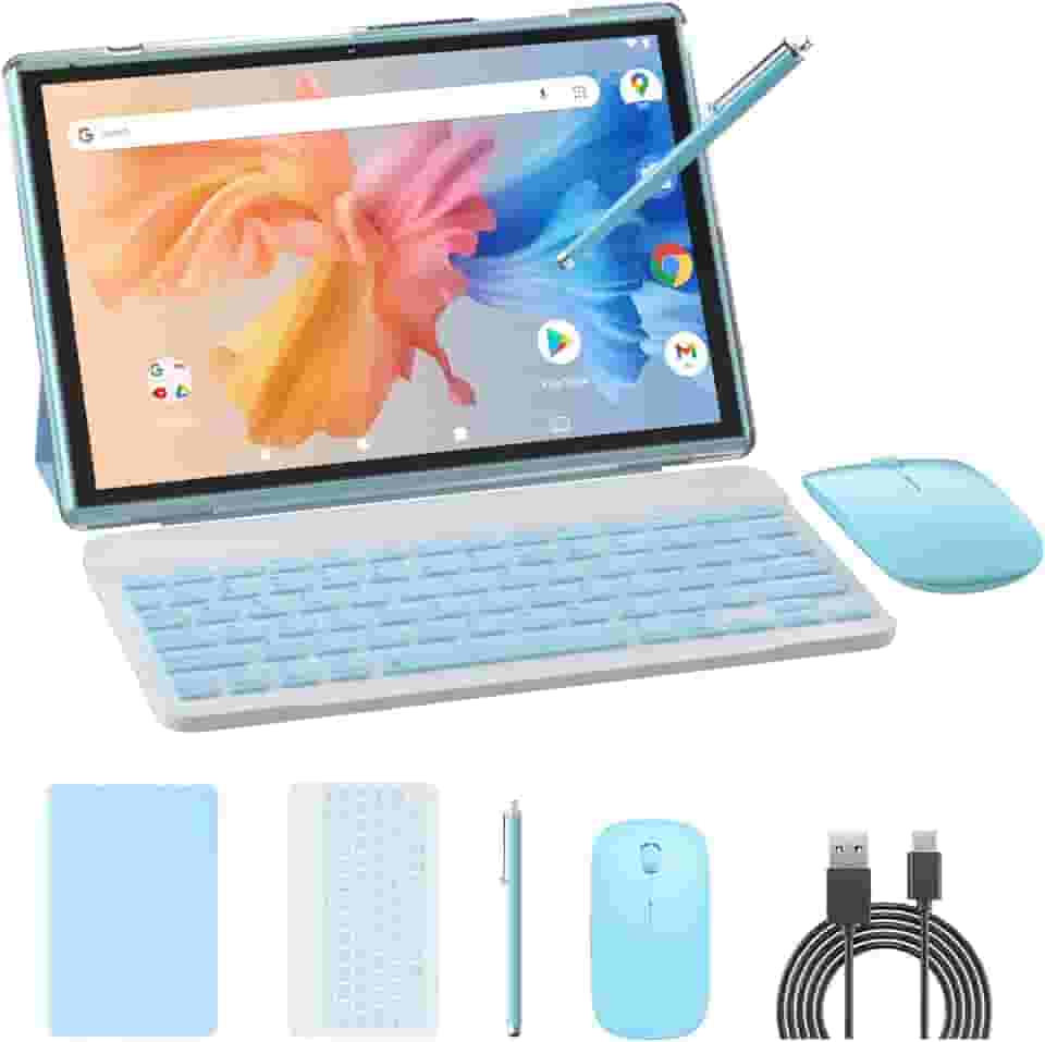 NOVOJOY Tablet 2 em 1, tablet Android 14 de 10 polegadas, tablets com teclado, mouse, capa, caneta, 64 GB de ROM + 8 GB de RAM, câmera dupla de 2 MP + 8 MP, processador Quad Core, bateria de 6000 mAh
