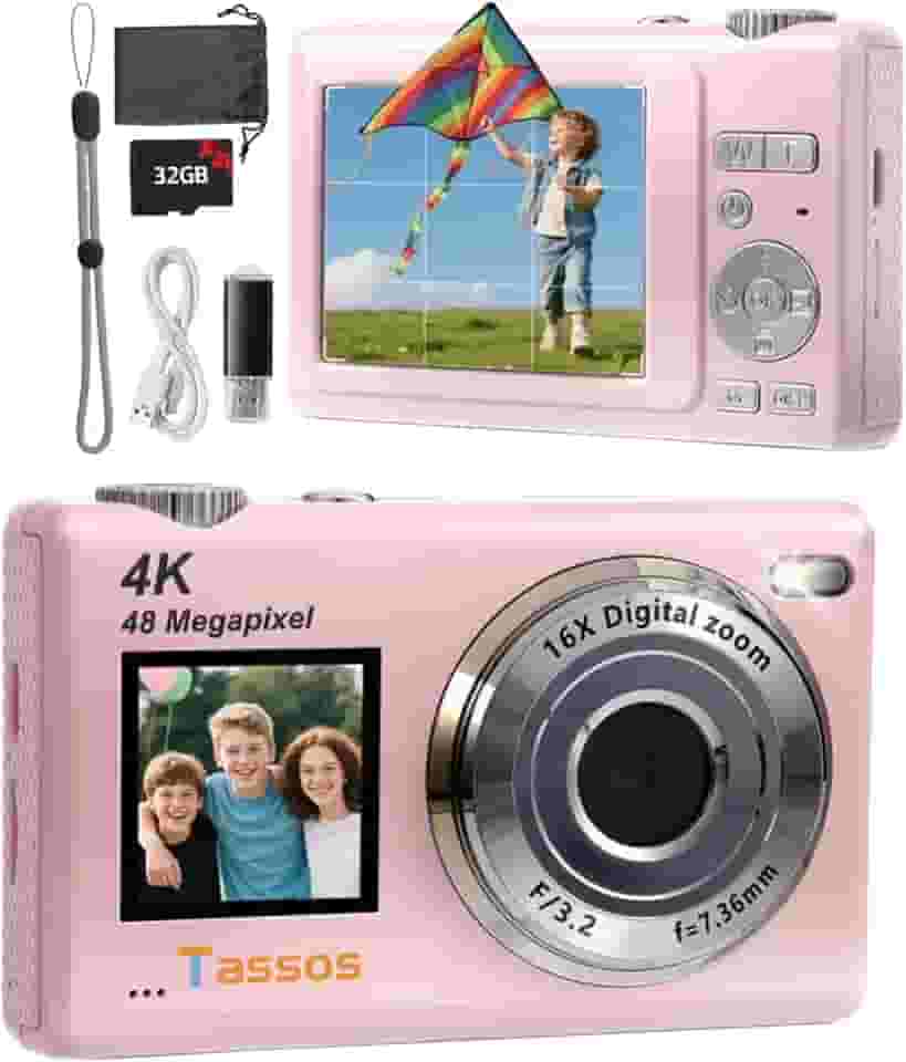Câmera digital, câmera para vlogs, câmera fotográfica 48MP 4K - Câmera digital compacta com tela dupla, cartão de 32 GB, zoom digital de 16x e estabilizador de imagem para e iniciantes. (Rosa)