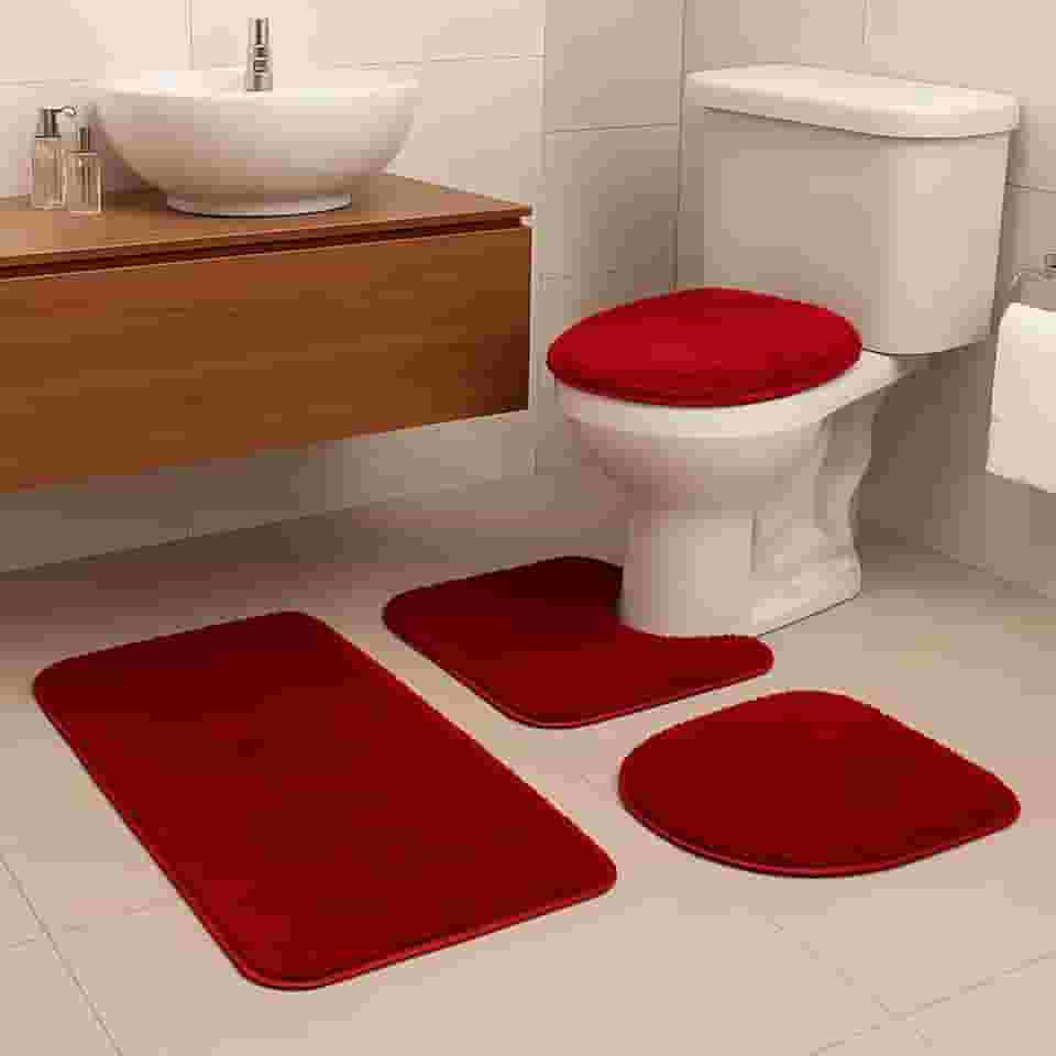 Jogo De Tapete Para Banheiro 3 Peças Antiderrapante Algodão (Vermelho)