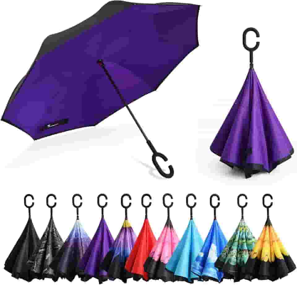 Guarda-chuva invertido à prova de vento de camada dupla com alça em forma de C guarda-chuva reto para carro - loja de fábrica