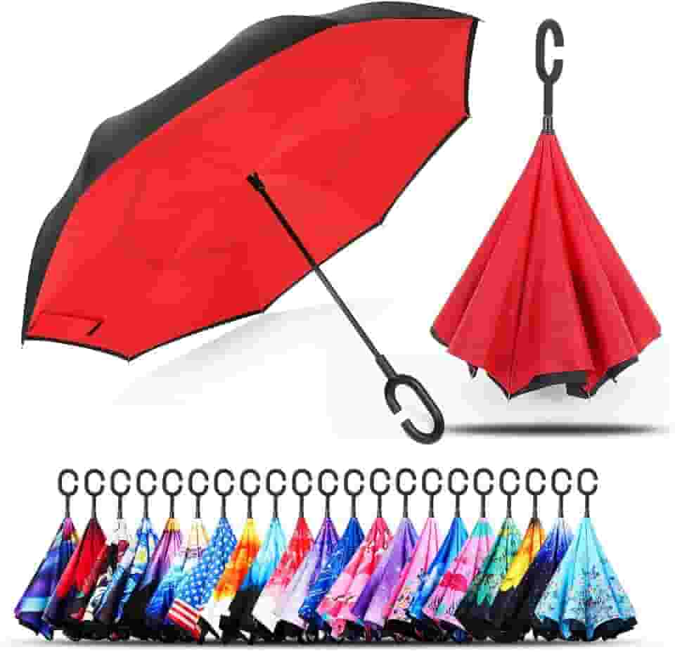 Guarda-chuva invertido dobrável de camada dupla à prova de vento, proteção contra chuva de cabeça para baixo, guarda-chuvas reversíveis para carro com alça em forma de C