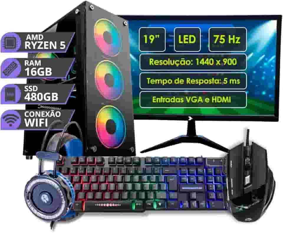 Computador Pc Gamer Cpu Completo Amd Ryzen 5 16gb Ssd 480 Monitor 19