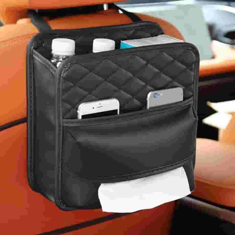 Organizador traseiro de couro de luxo com porta-copos e porta-lenços | Bolsos expansíveis, ajuste universal para SUV, caminhão, sedã (preto, pequeno)