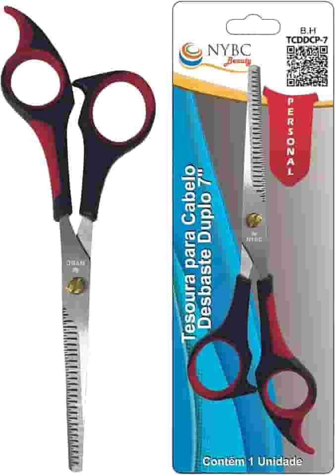 NYBC Beauty Tesoura Profissional para Desbaste Duplo, 7" Polegadas, Cabo Vermelho e Preto, Leve e Eficiente, Para Uso Doméstico e Profissional
