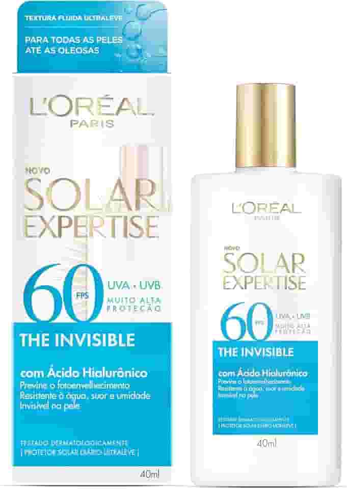 L'Oréal Paris Solar Expertise, Protetor Solar Facial The Invisible Fluido FPS60 com Ácido Hialurônico e Tecnologia NETLOCK, Alta Proteção Solar com Ação Anti-Idade, Sem Cor 40g