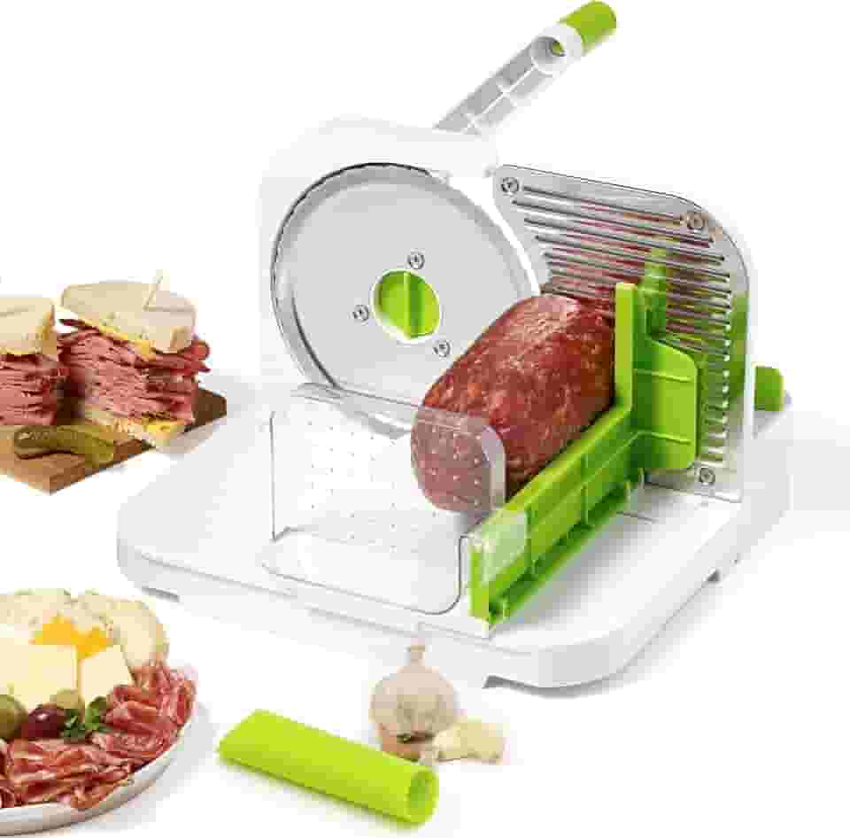 Starfrit Fatiador de delicatessen – fatias de carne, queijo, pão – lâmina de aço inoxidável de 16,5 cm – puxador de espessura ajustável – encaixável para fácil armazenamento | Descascador de alho de