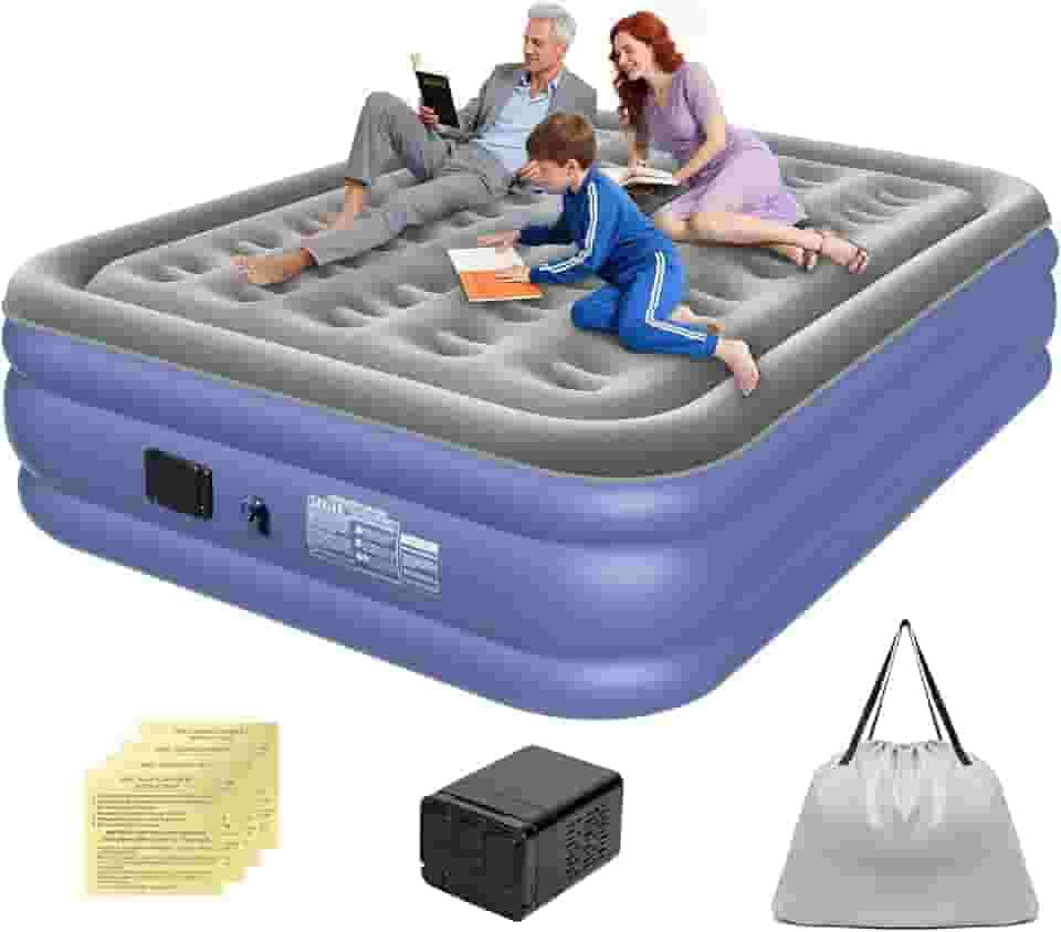 Colchão Inflável Queen Size 205 * 155 * 36 CM com Bomba de Ar Elétrica Integrada, Infiação e Deflação Rápidas e Automáticas, Recarregável, para Famílias e Camping, Cinza-Azulado