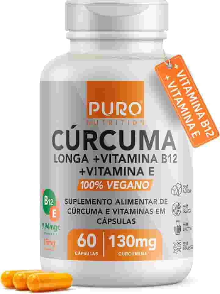 Cúrcuma em Cápsulas Puro Nutrition com Vitamina B12 + Vitamina E, 130mg Cúrcuma Longa por Porção, 60 Cápsulas Suplemento Vegano
