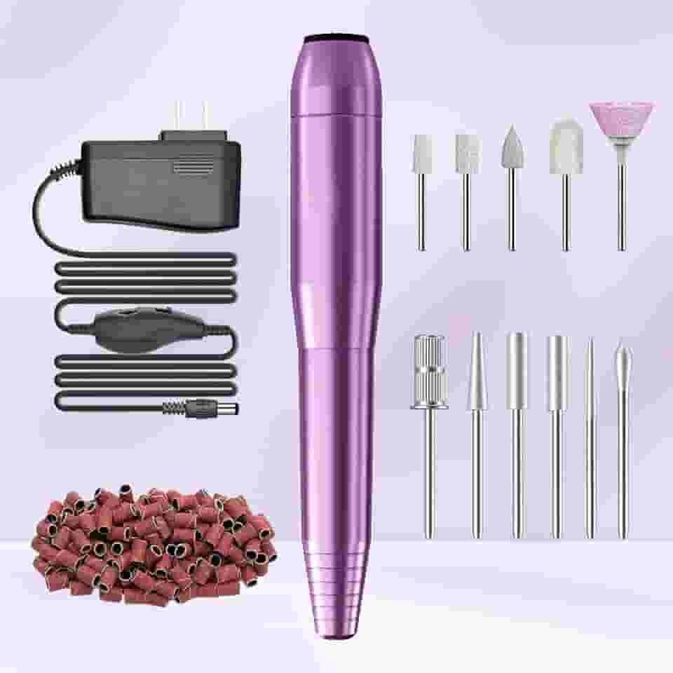 Máquina de perfuração de unhas móvel USB Home Lite para iniciantes – Kit de lixa de unha portátil com 6 brocas e 50 faixas de lixamento para polimento doméstico de acrílico e gel, uso DIY, roxo