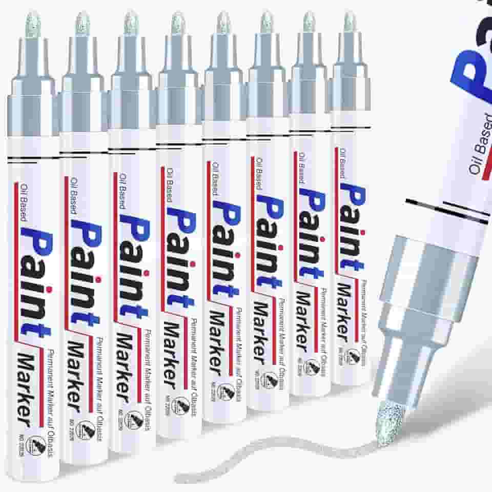 Caneta de tinta prateada marcador metálico permanente – 8 canetas de tinta à base de óleo, ponta média, secagem rápida e à prova d'água para restauração automotiva, metal, pintura rupestre, marcador