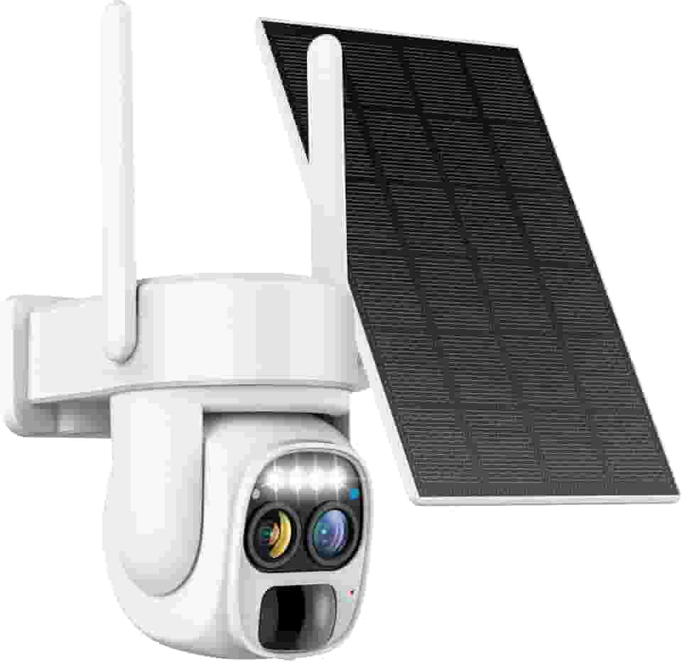 Hawkray Pannel Câmera de segurança solar sem fio com bateria externa, lente dupla, zoom de 10 x, resolução 2K, 3 MP, panorâmica/inclinação, 2,4 e 5 G, câmera alimentada por Wi-Fi