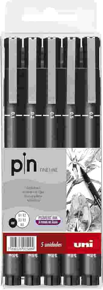 Caneta Técnica Pin Fine Line, Uni-Ball, Preta, Estojo c/5 unidades (0.1, 0.2, 0.3, 0.5 e 0.8 mm)
