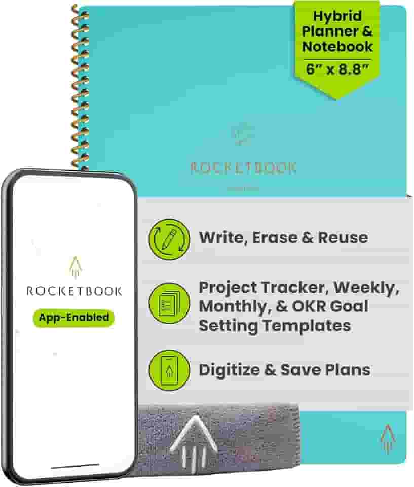 Rocketbook Caderno reutilizável Fusion Smart – com 1 caneta Pilot Frixion e 1 pano de microfibra incluído – capa Neptune Teal, tamanho executivo (15 x 22,5 cm)