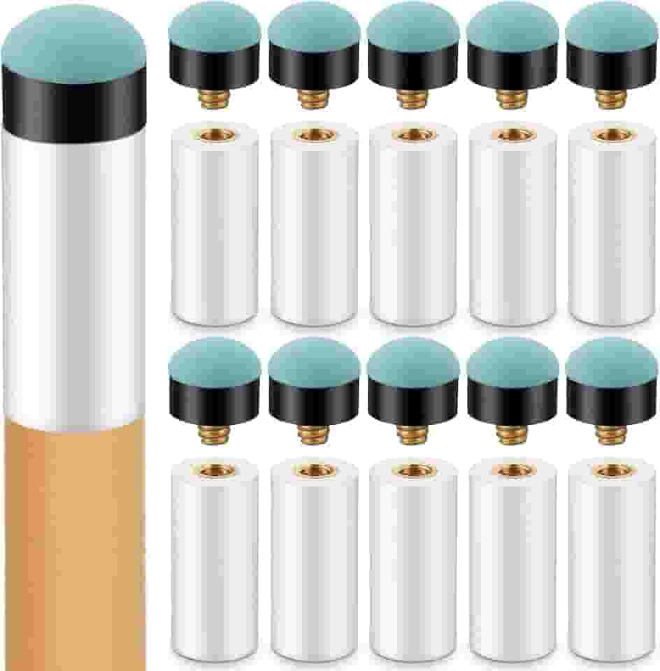 Kit de substituição de 10 conjuntos de pontas de taco de sinuca, pontas rosqueadas de 12 mm e 13 mm com virolas brancas, sem necessidade de cola ou grampo para sinuca e bilhar (azul)