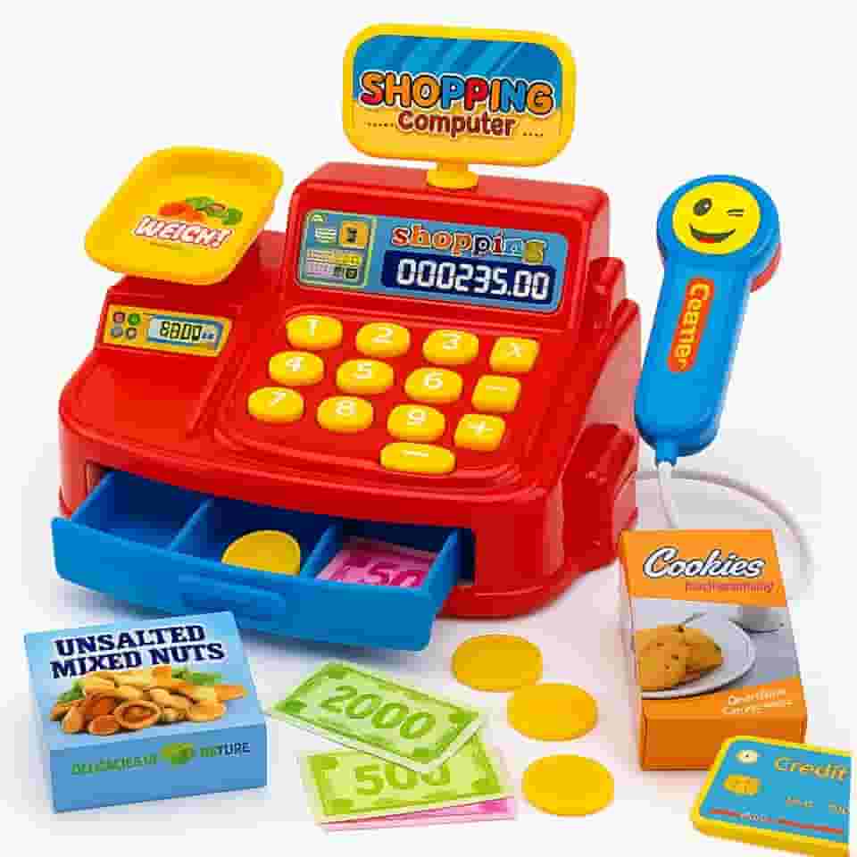 Caixa Registradora Infantil Brinquedo Mercadinho Cozinha Interativa com Luz e Som Dinheiro Cartoes Acessorios