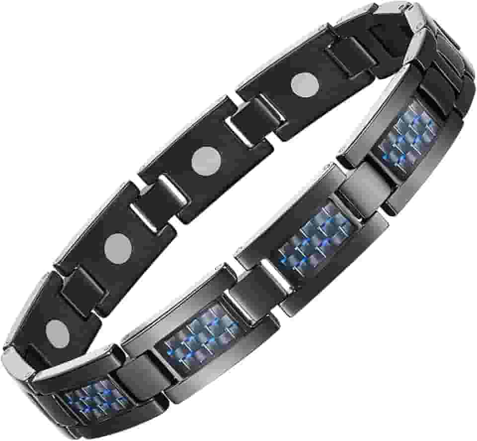 Pulseiras magnéticas masculinas, pulseiras magnéticas de aço inoxidável com fibra de carbono azul exclusiva e ímãs poderosos de 3500 gauss, ajustáveis com ferramenta de dimensionamento