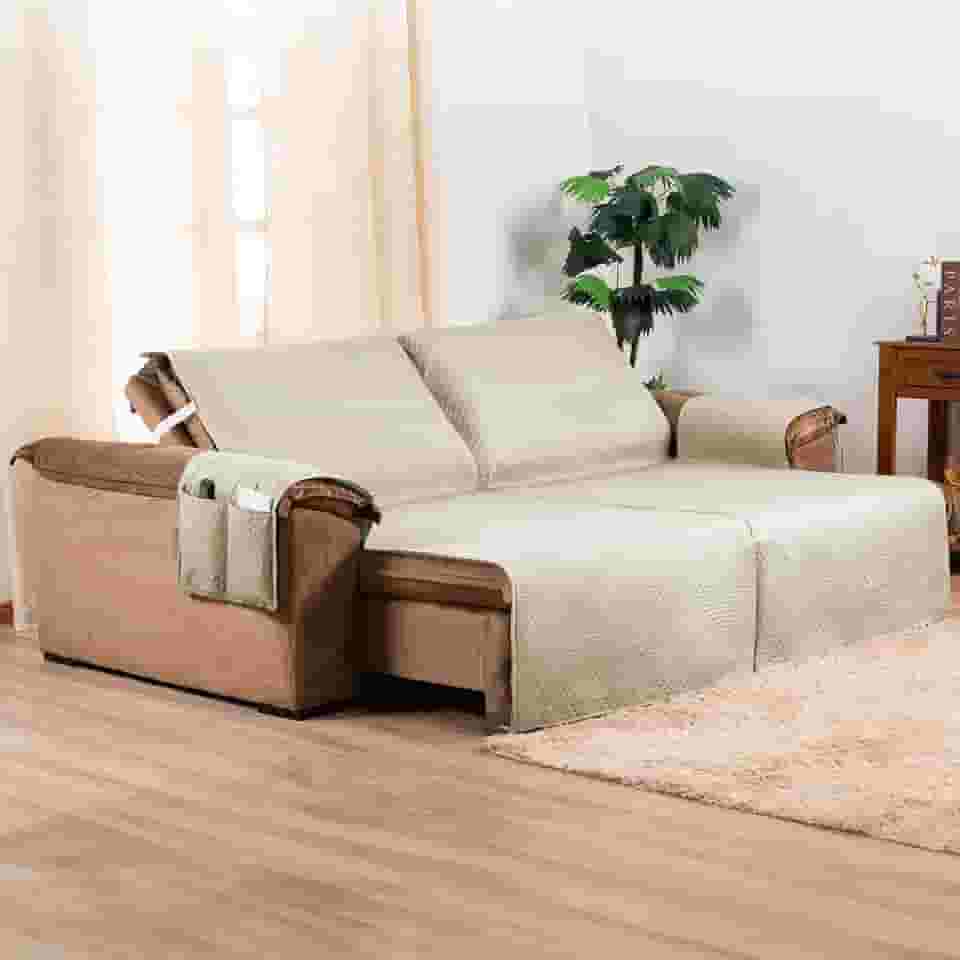 Protetor de Sofá Retrátil 2 Lugares 2,00m x 2,40m Impermeável | Capa para Sofá com Bolso Lateral | Proteção Contra Manchas, Pets e Crianças | Lavável e Resistente (Bege)