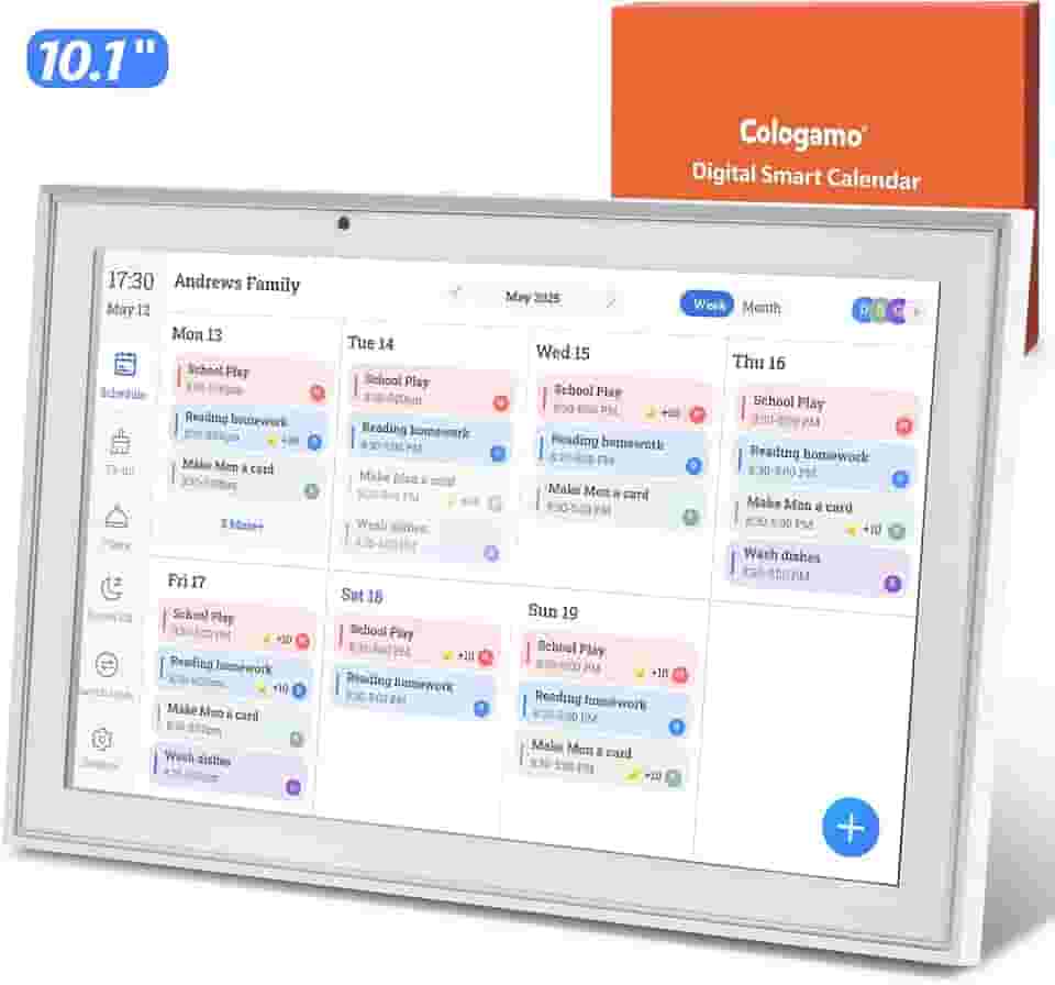 Agenda de parede de 25,7 cm, calendário digital e tabela de tarefas, tela sensível ao toque inteligente para horários de família e fotos na nuvem (branco, 10,1)