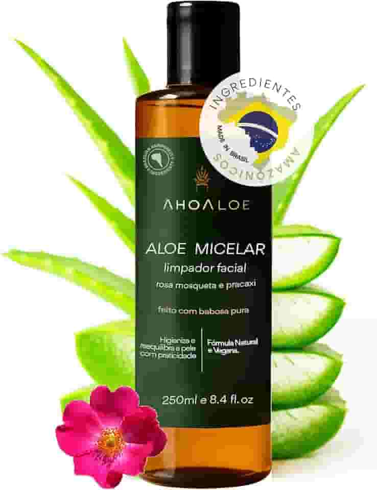 AHOALOE Água Micelar Demaquilante Aloe Micelar - Limpador Facial - Babosa, Rosa Mosqueta e Pracaxi - Ingredientes Naturais - Higieniza, Hidrata e Equilibra a Pele - Todos os Tipos de Pele 250ml