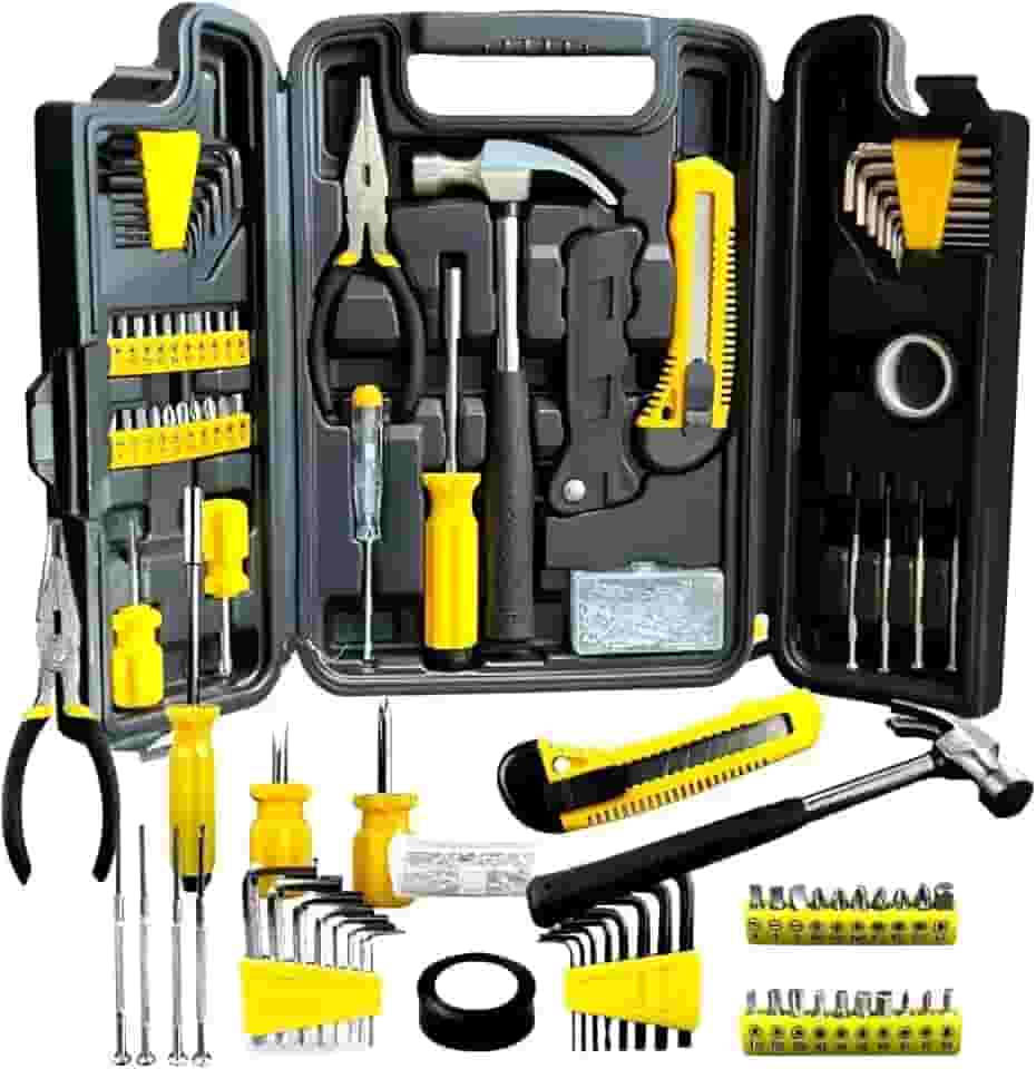 Kit Ferramentas 200 Peças com Maleta Preta – Profissional e Doméstico, Completo com Martelo, Estilete, Bits, Chaves, Fixadores e Mais – Aço Carbono e PP