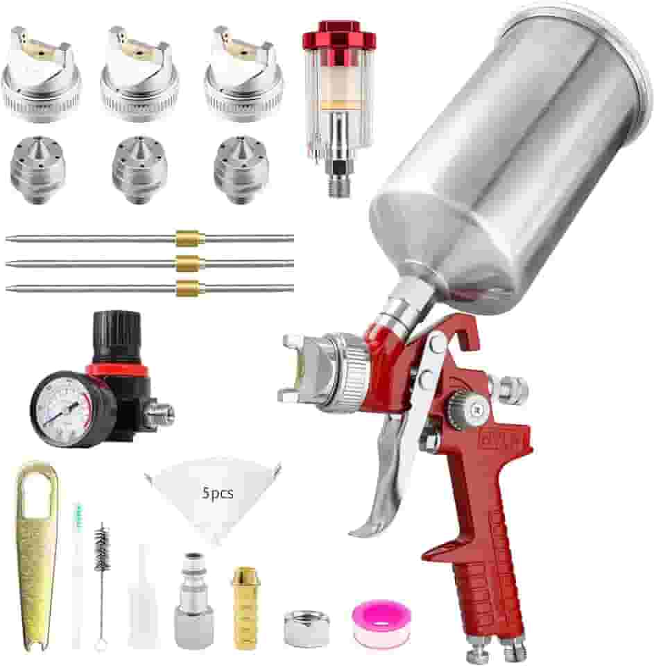 RRJ Pistola de tinta spray HVLP com regulador de ar, bocais de 1,4/1,7/2,5 mm, copo de 1000cc, pistola de pintura automotiva, pistola de pintura para pintura doméstica, móveis, cerca