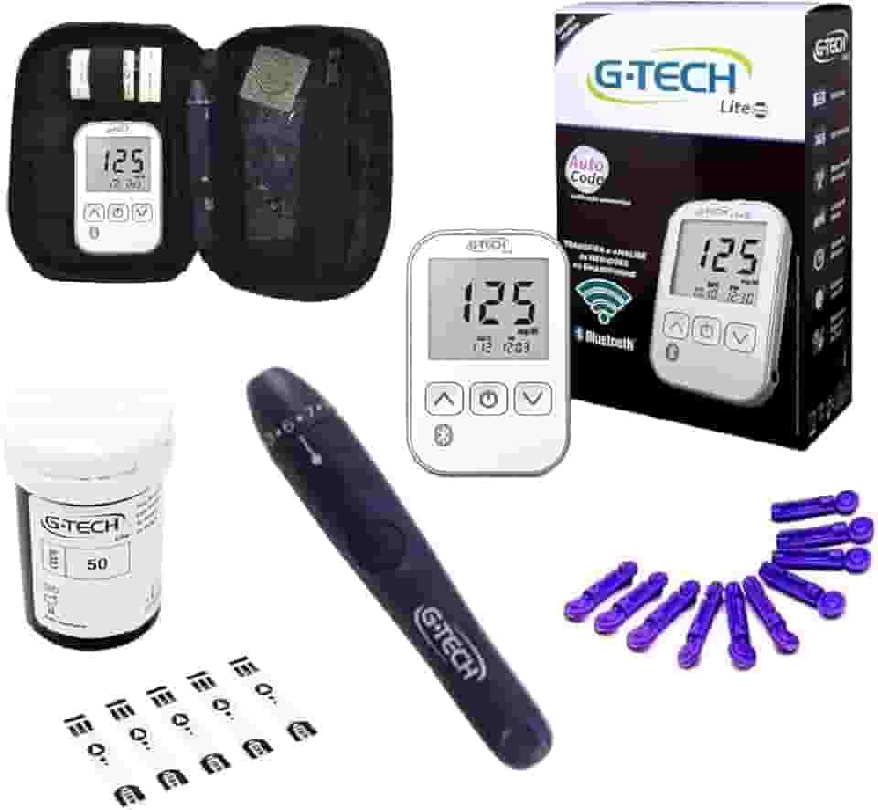 Kit Medidor de Glicose G-Tech Lite Smart Bluetooth 60 Tiras 10 Lancetas + Caneta e Estojo