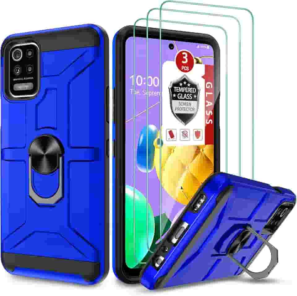 Capa para LG K52/LG Q52/LG K42, LG K62 / K62 Plus com [protetor de tela de vidro temperado 3x], suporte de anel integrado e capa protetora magnética à prova de choque à prova de quedas - Azul