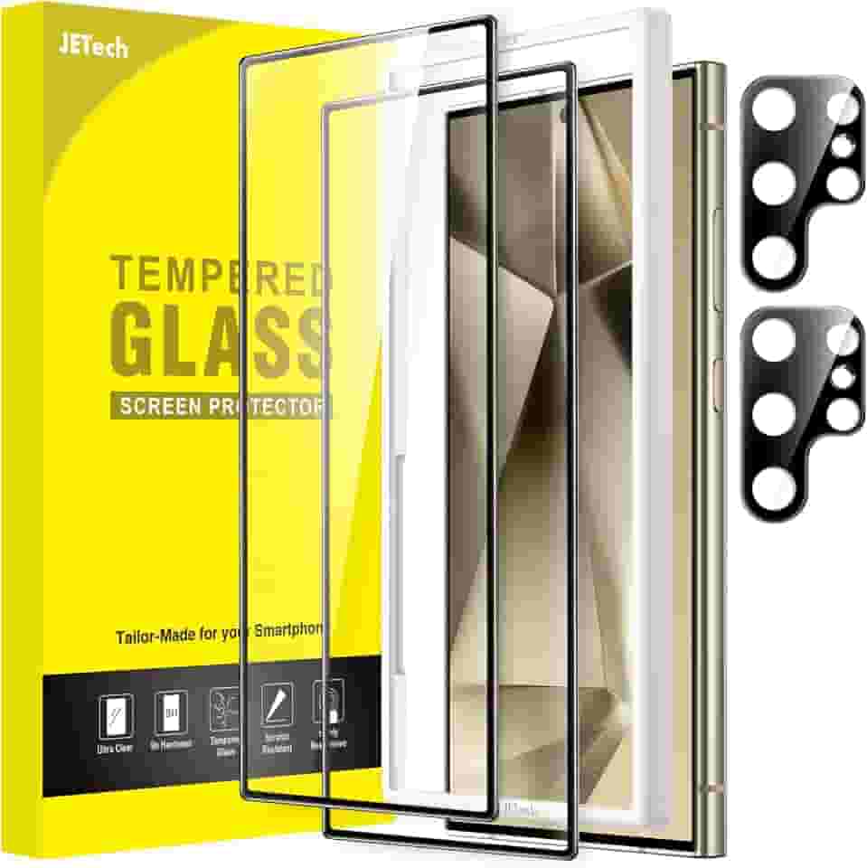 JETech Película de Vidro Temperado para Samsung Galaxy S24 Ultra 5G 6,8 Polegadas com Protetor Lente Câmera, Compatível com Identificação de Impressão Digital, HD Claro, 2 Pacotes Cada