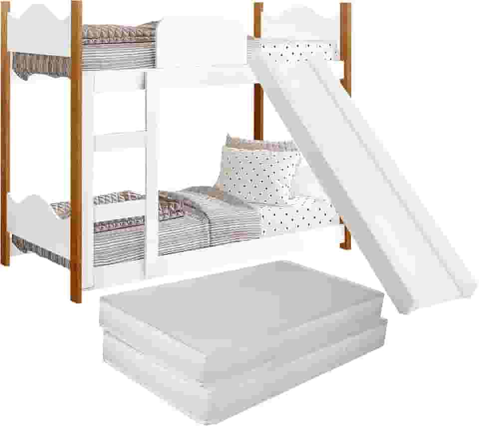 Beliche Infantil Para Quarto Da Criança Mini Cama Berço Resistente Encanto Montessoriana Com Escorregador Premium Com Grade Proteção Lateral Com Colchão Cor Branco
