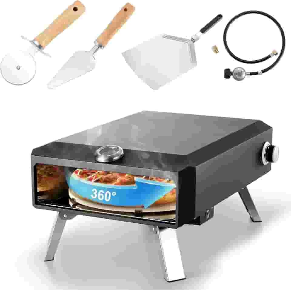 HSDYGDE Forno De Pizza A Gás Para Área Externa – 16' Com Termômetro Integrado, Elétrico Pedra Giratório Automático 360°, Mangueira E Regulador, Bancada,