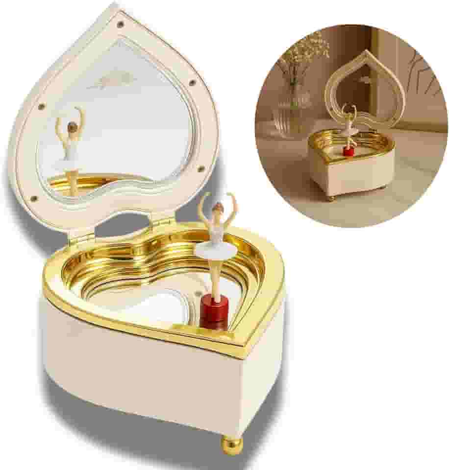 Caixinha de Música Bailarina Clássica, Formato Coração, Melodia Für Elise de Beethoven, Mecanismo de Corda, Cor Creme e Dourado